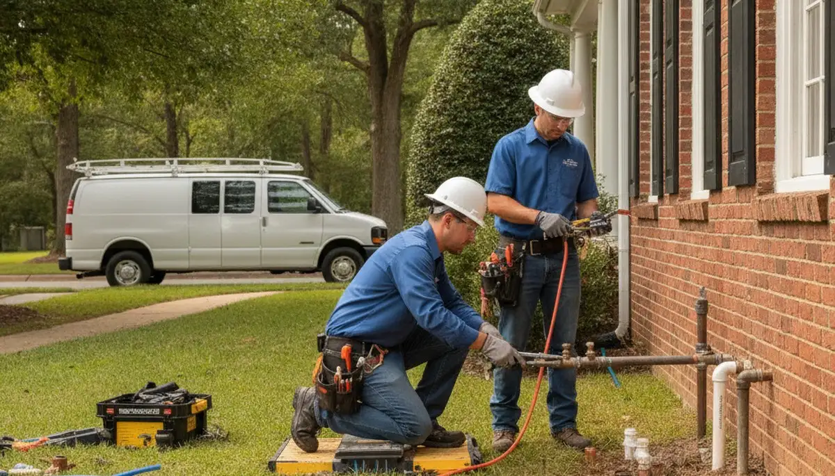 Raleigh NC plumber repairing a plumbing system for residential service